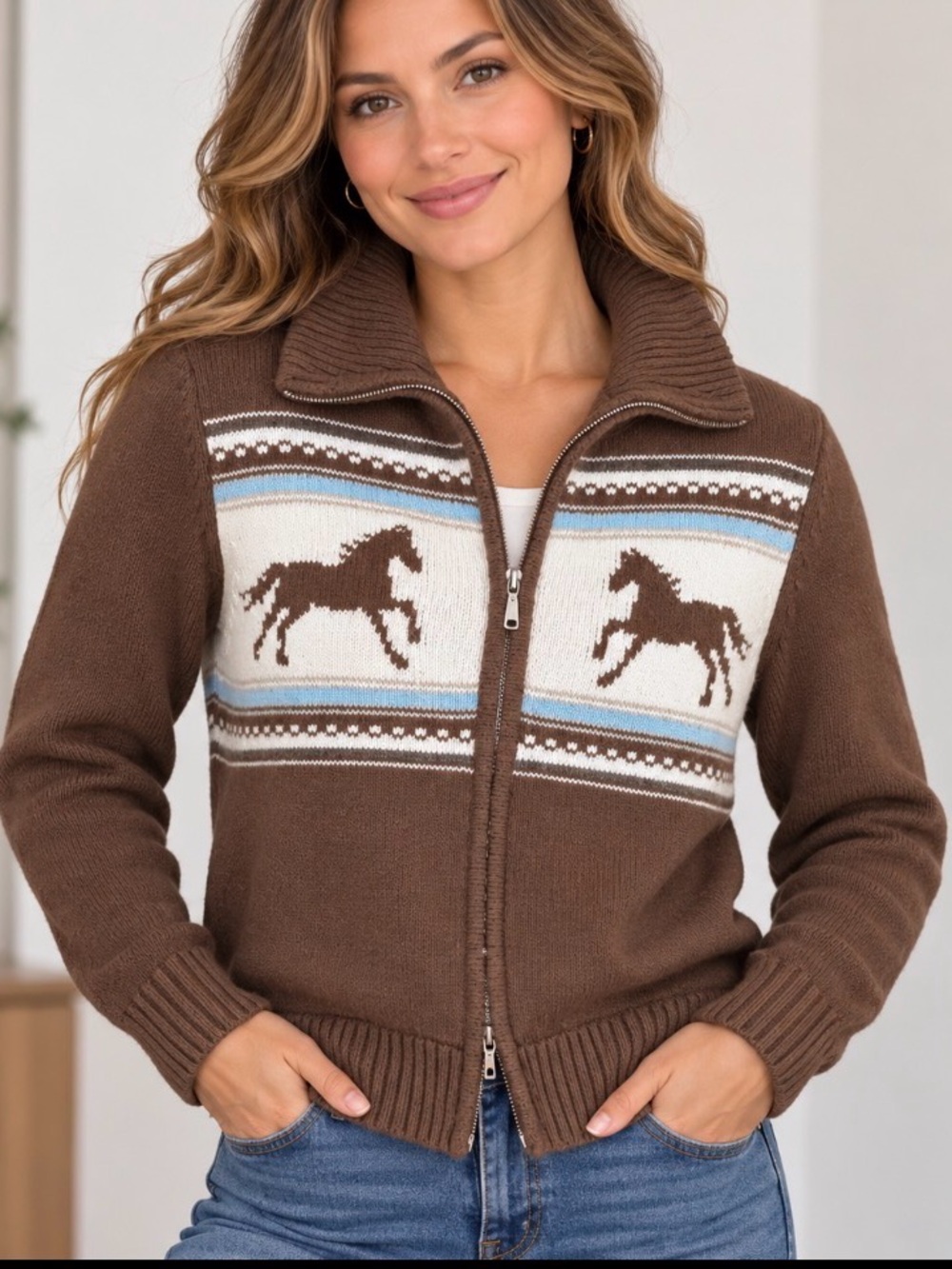 Abercrombie & Fitch Brown Horse-Print Zip Knit Cardigan western chic, Y2K, rodeo